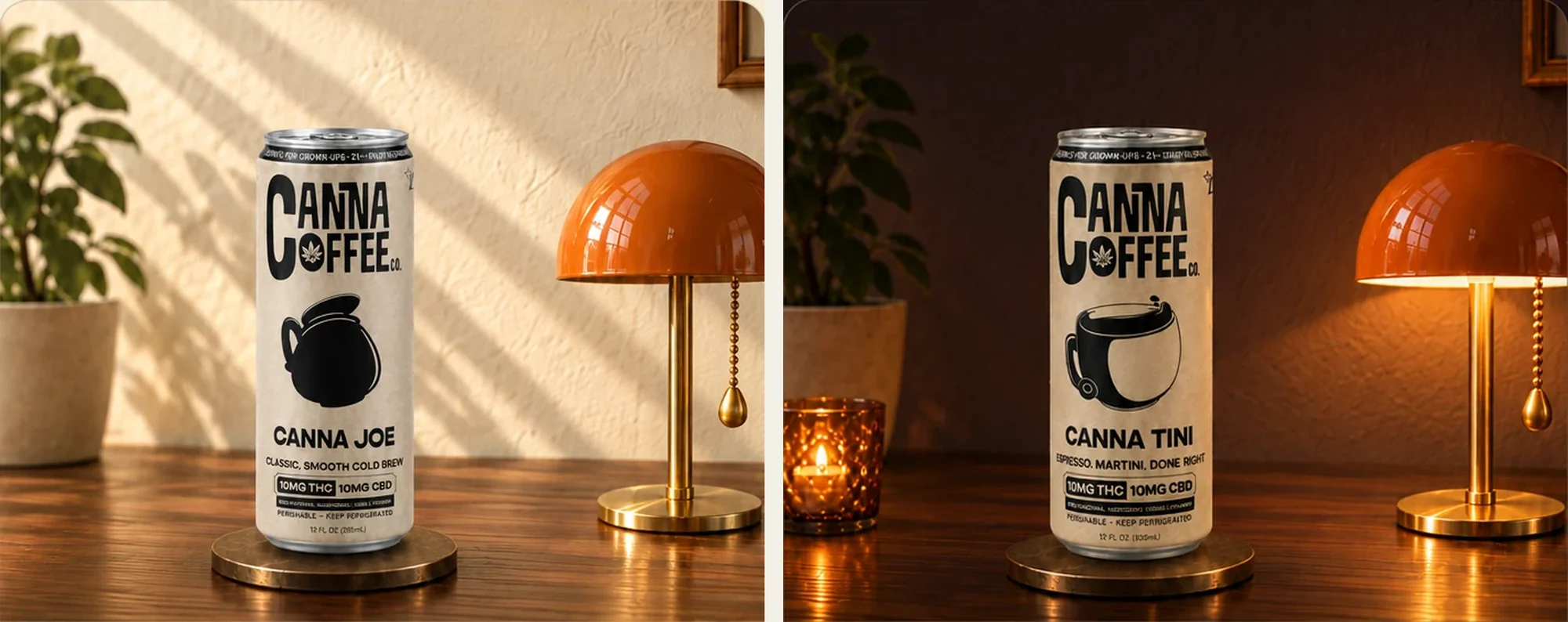 Canna Joe by day and Canna Tini by night on a wooden table under an orange lamp