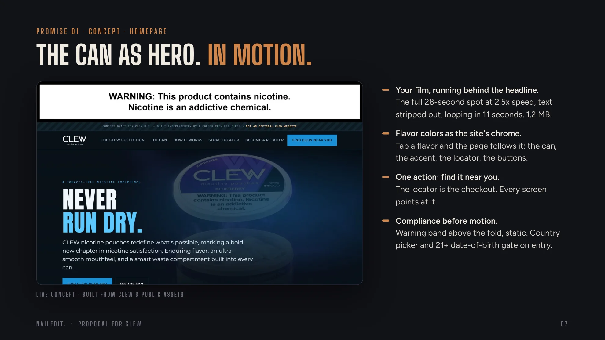 Concept homepage: the can as hero with the product film running behind the headline