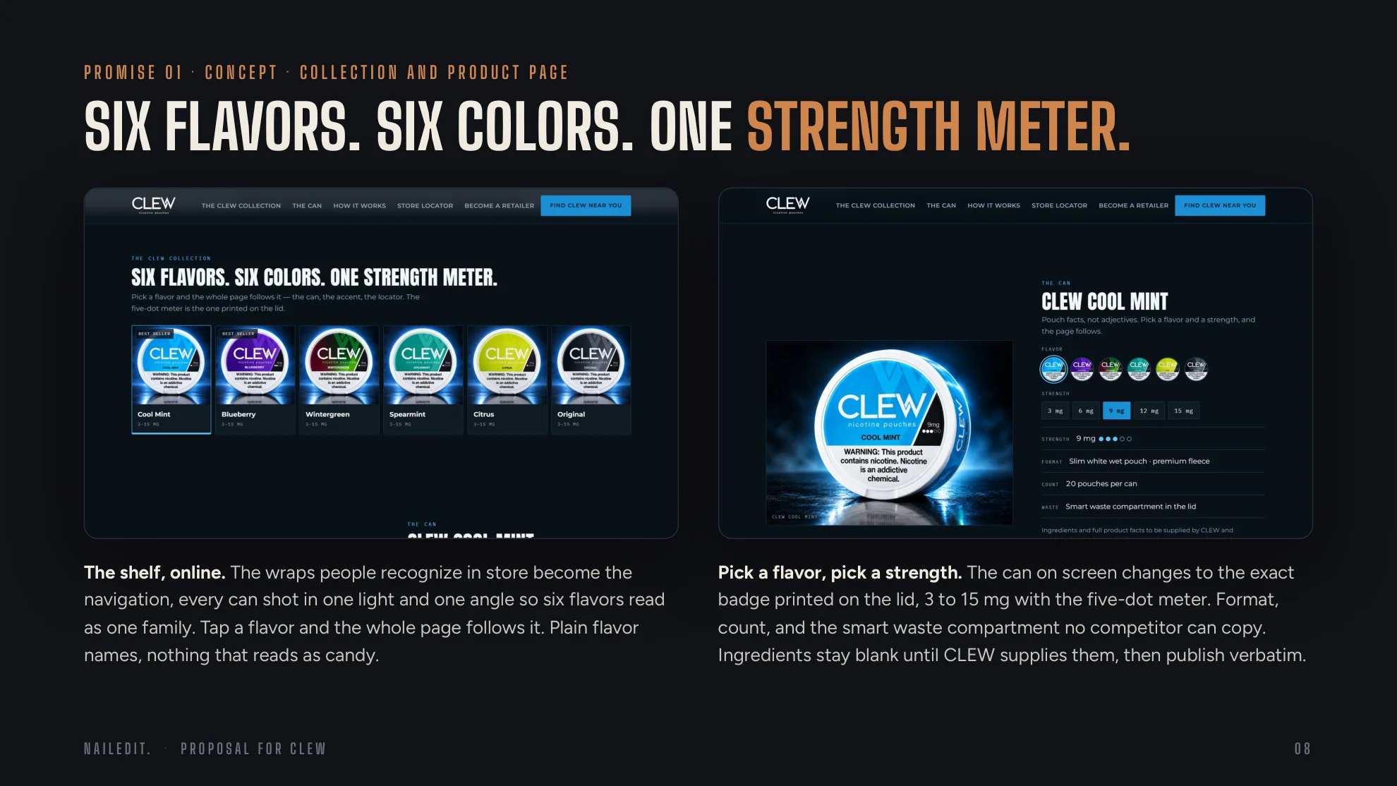 Concept collection and product pages with the flavour navigation and strength meter