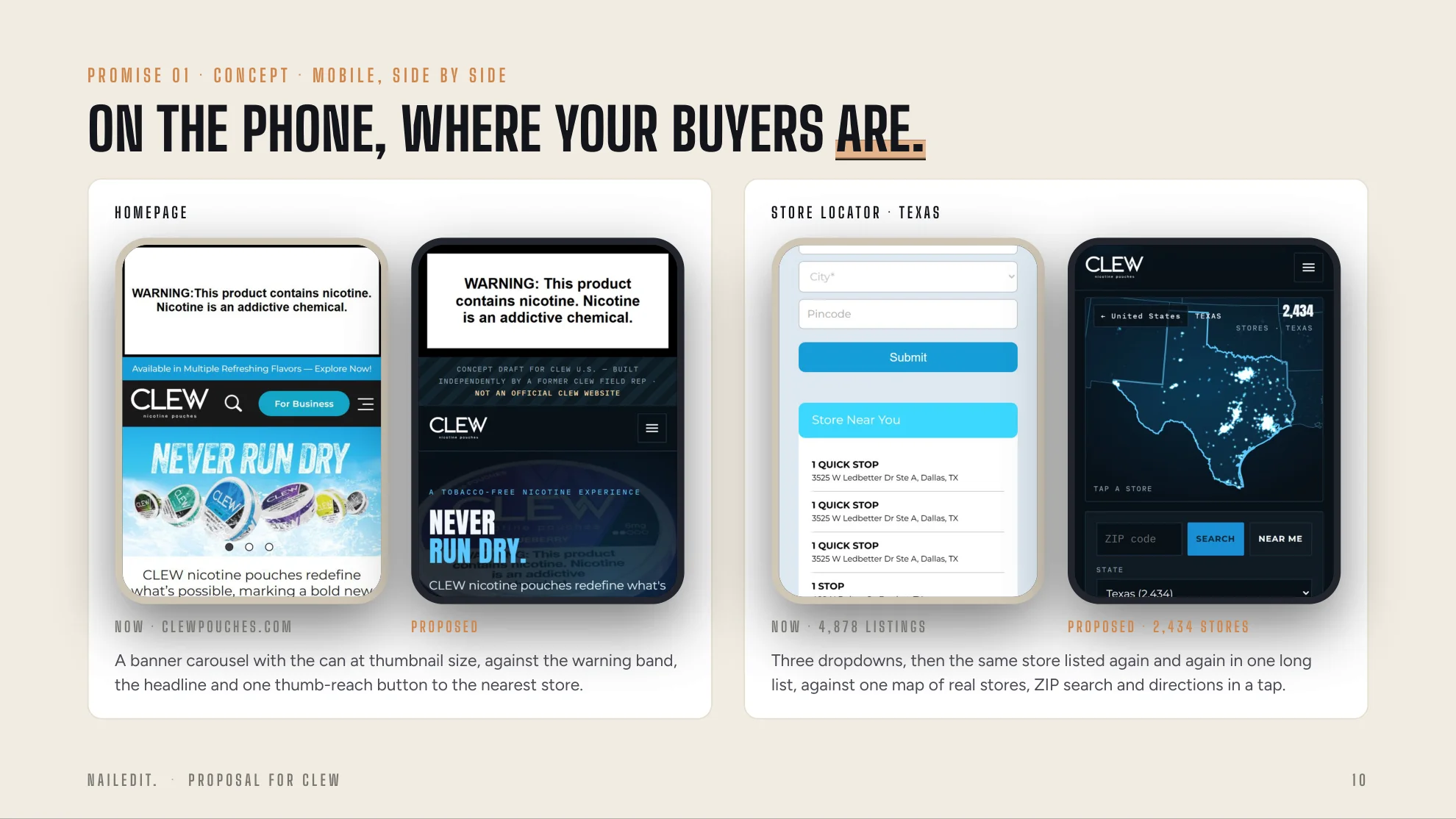 Mobile comparison: the live CLEW site beside the concept