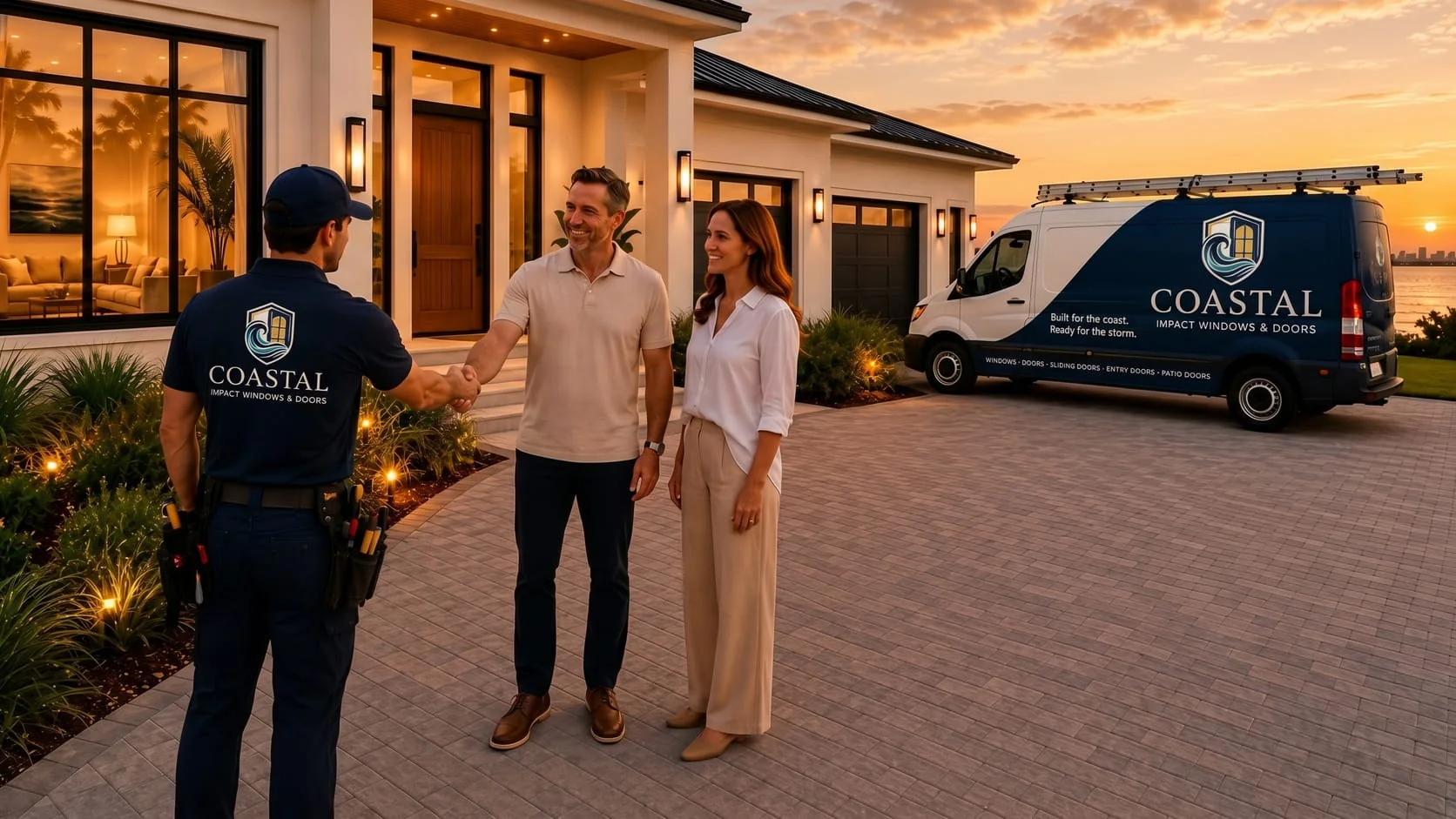 A Coastal Impact technician greeting homeowners in their driveway at sunset, branded van behind