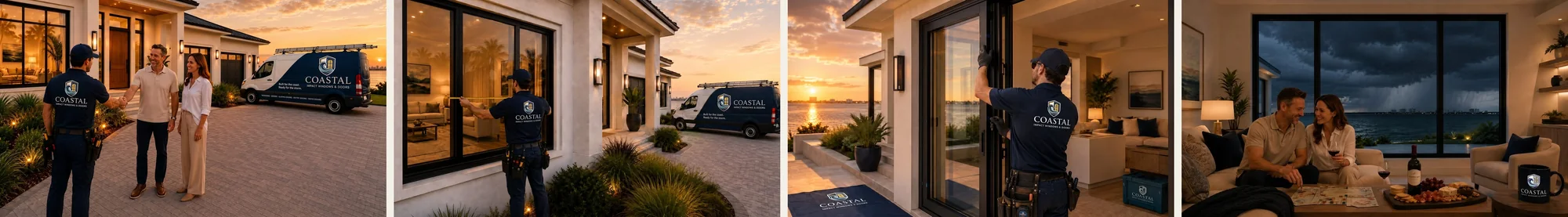 Four scenes from the Coastal Impact customer journey: request, measure, install and relax