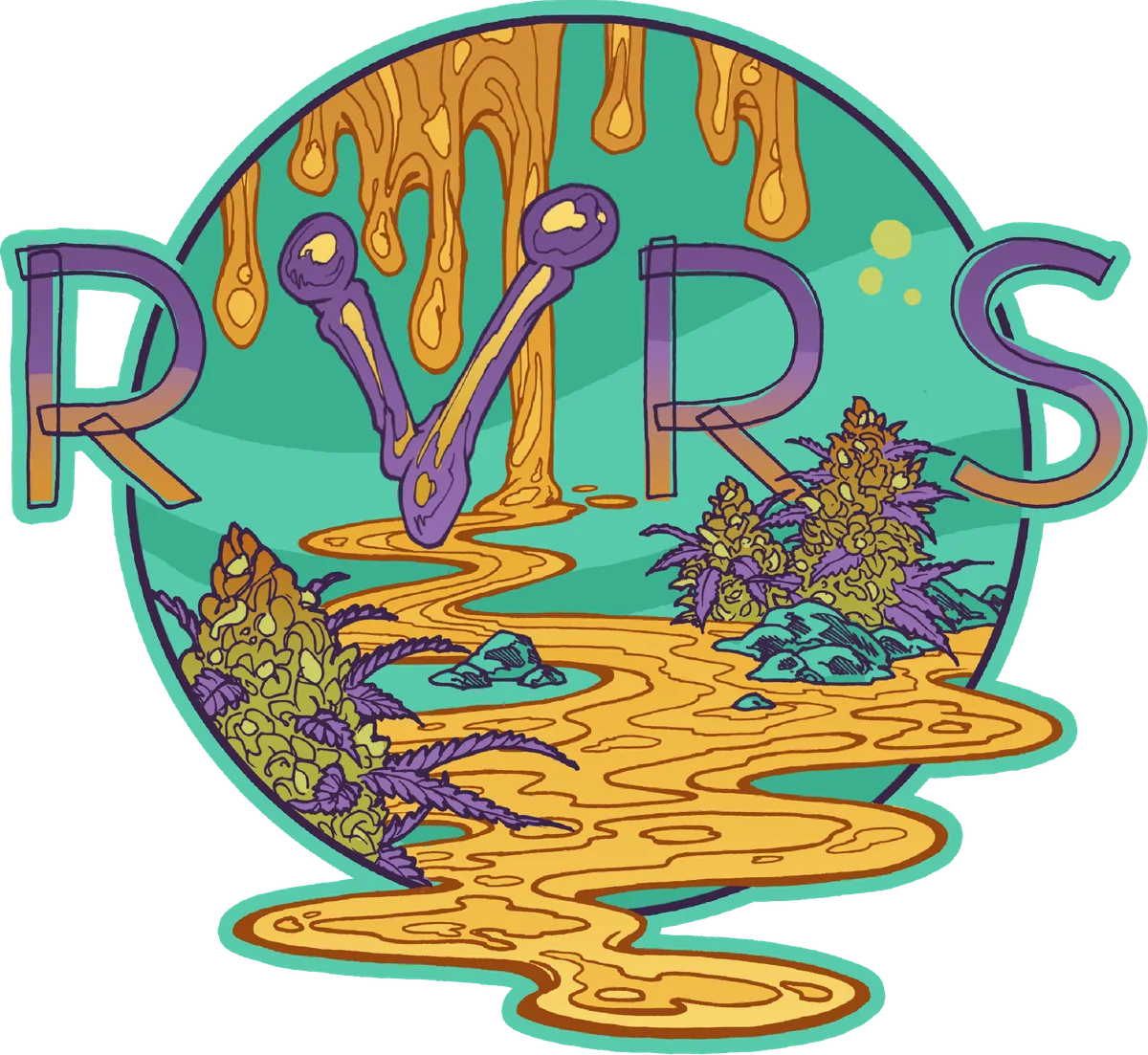 The RVRS mark: dripping rosin letters over a mountain river in a teal circle